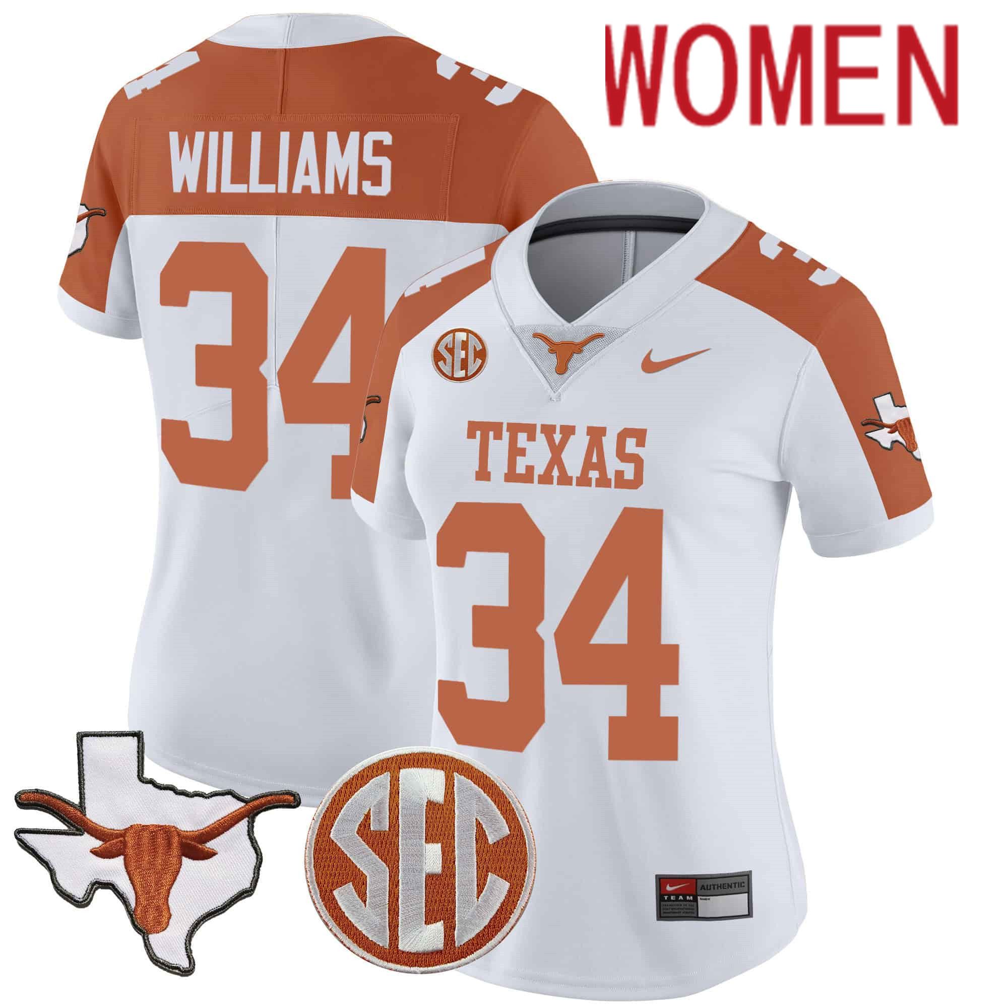 Women Texas Longhorns #34 Williams White 2024 Nike State Map & SEC Patch Vapor NCAA Jersey style 1->women nfl jersey->Women Jersey